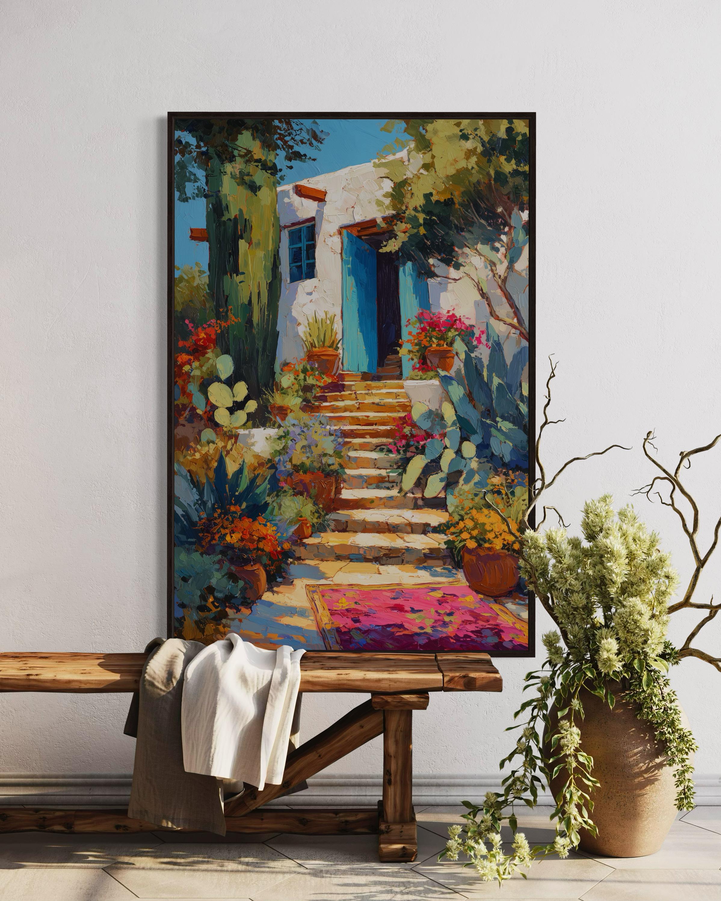 Mediterranean Garden Stairway Art Print – Colorful Door and Flowers ...