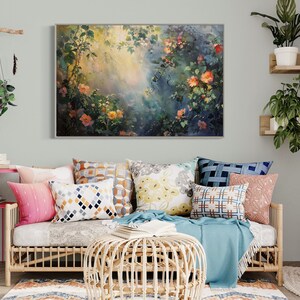 A sun-dappled garden, lush with blooming roses and climbing vines, bathes in the gentle caress of morning light, creating a serene and enchanting scene.