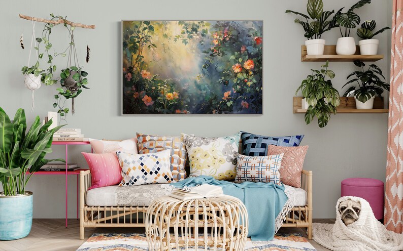 A sun-dappled garden, lush with blooming roses and climbing vines, bathes in the gentle caress of morning light, creating a serene and enchanting scene.