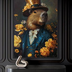 An elegantly attired capybara in a top hat graces this portrait, surrounded by a vibrant bloom of golden flowers, emanating sophistication and charm.