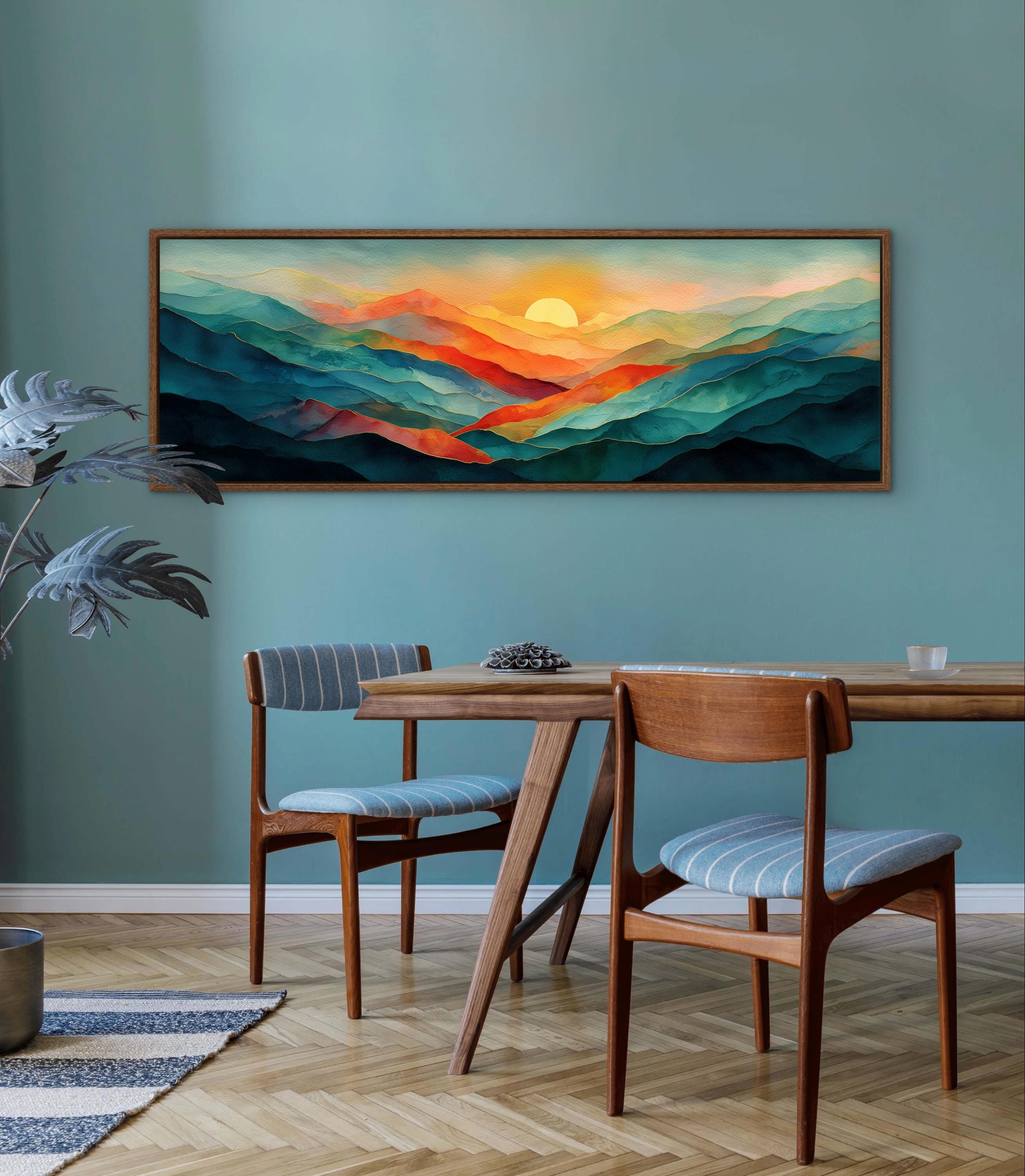 Abstract Mountain Sunrise Art Print - Modern Landscape Wall Decor, Teal ...