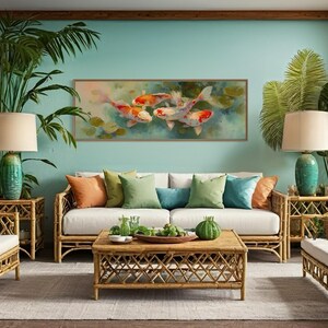 Vibrant koi fish art print featuring five colorful koi swimming among soft lily pads in a dreamy pond. This serene piece is a high-resolution canvas reproduction of an original painting, with no physical texture. Ideal for tranquil decor and Zen-inspired spaces.