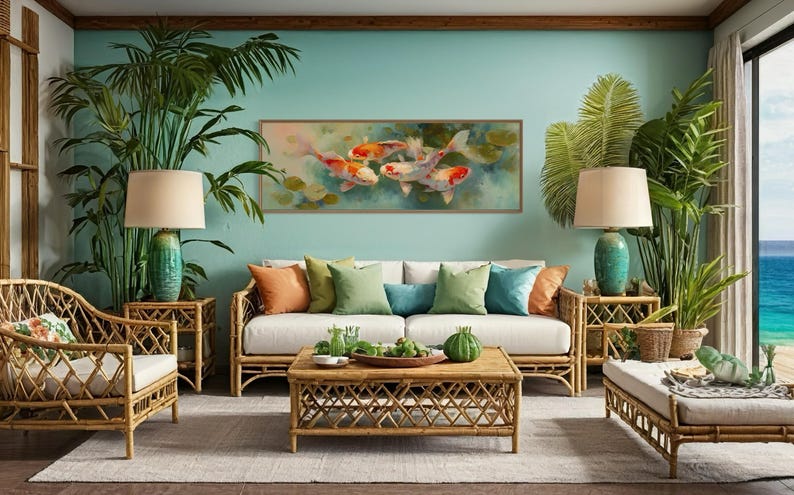 Vibrant koi fish art print featuring five colorful koi swimming among soft lily pads in a dreamy pond. This serene piece is a high-resolution canvas reproduction of an original painting, with no physical texture. Ideal for tranquil decor and Zen-inspired spaces.
