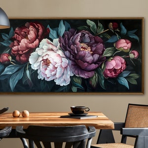 Midnight Bloom - A lush display of peonies in rich purples and delicate pinks, set against a deep, dark backdrop, exuding elegance and drama.