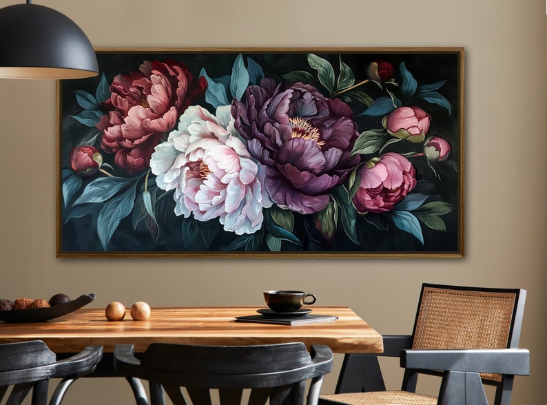Midnight Bloom - A lush display of peonies in rich purples and delicate pinks, set against a deep, dark backdrop, exuding elegance and drama.