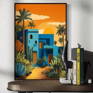 Marrakech Wall Art Print – Moroccan Desert Illustration, Blue Adobe Architecture, Boho Travel Decor, Sunset Cactus Poster