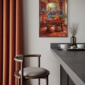 This vibrant art print captures a cozy Mexican kitchen filled with warm terracotta tones, rustic wooden furniture, and colorful tiles. Fresh produce, hanging plants, and pottery create a welcoming, homely feel. A perfect piece for farmhouse.