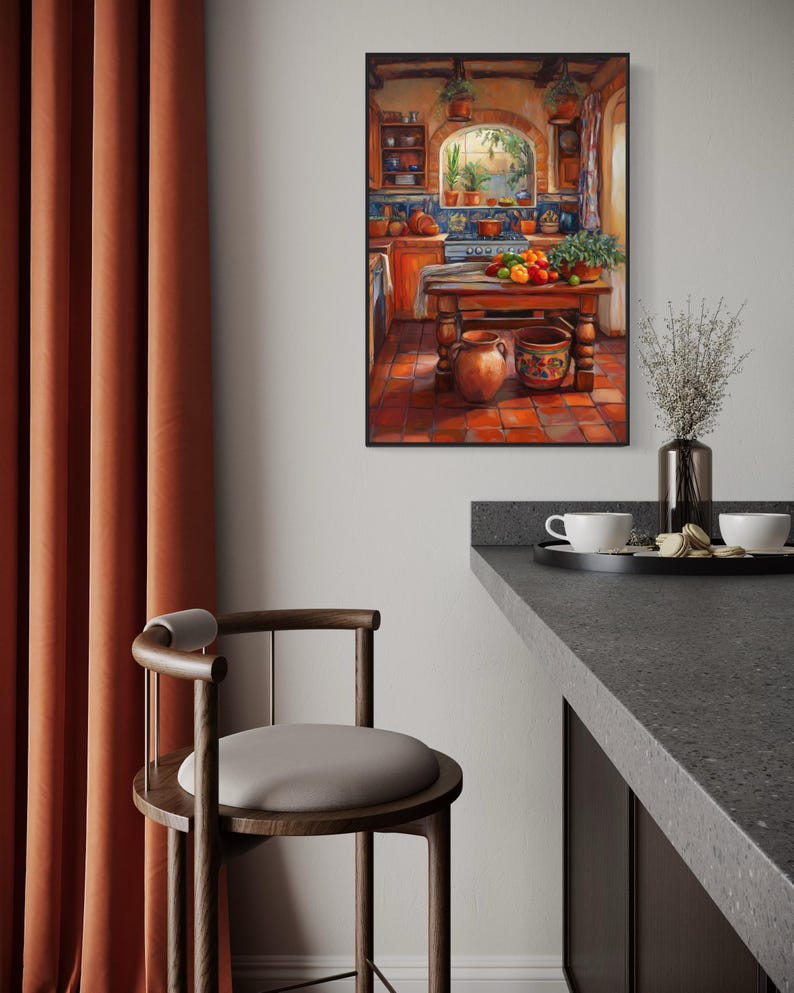 This vibrant art print captures a cozy Mexican kitchen filled with warm terracotta tones, rustic wooden furniture, and colorful tiles. Fresh produce, hanging plants, and pottery create a welcoming, homely feel. A perfect piece for farmhouse.