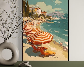 Mediterranean Beach Wall Art Print – Vintage Coastal Umbrella Scene, Retro Summer Seaside Decor, Colorful Coastal Travel Artwork