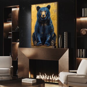Realistic painting of a blue-black bear with golden accents. The bear sits against a textured golden background, combining natural beauty with artistic flair. Perfect for adding a unique touch of wilderness charm to any space.