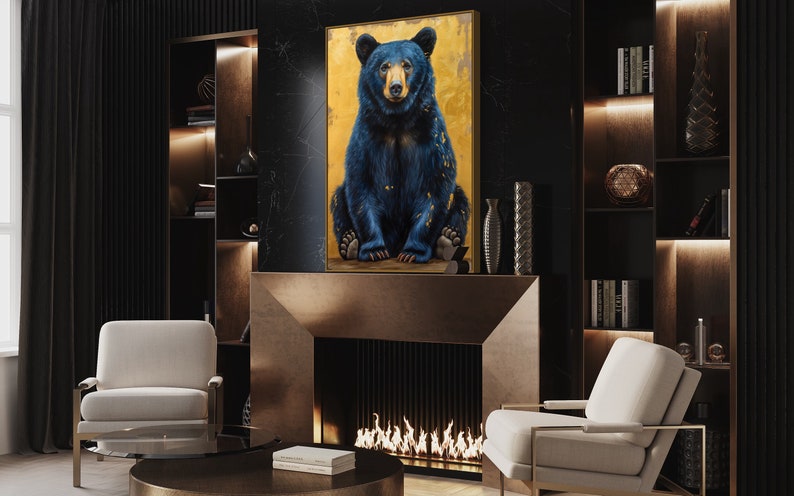 Realistic painting of a blue-black bear with golden accents. The bear sits against a textured golden background, combining natural beauty with artistic flair. Perfect for adding a unique touch of wilderness charm to any space.