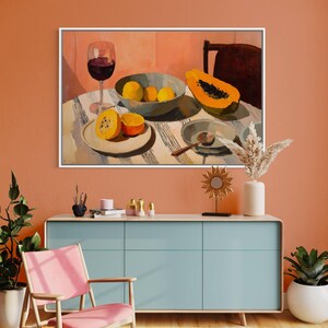 Illustrazioni di papaya e agrumi, arredamento moderno per la sala da pranzo.