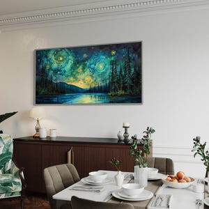 A breathtaking nightscape where swirls of luminescent green and yellow dance across the sky, mirroring on the tranquil lake below. Tall pines stand in silhouette against a Van Gogh-inspired celestial masterpiece.