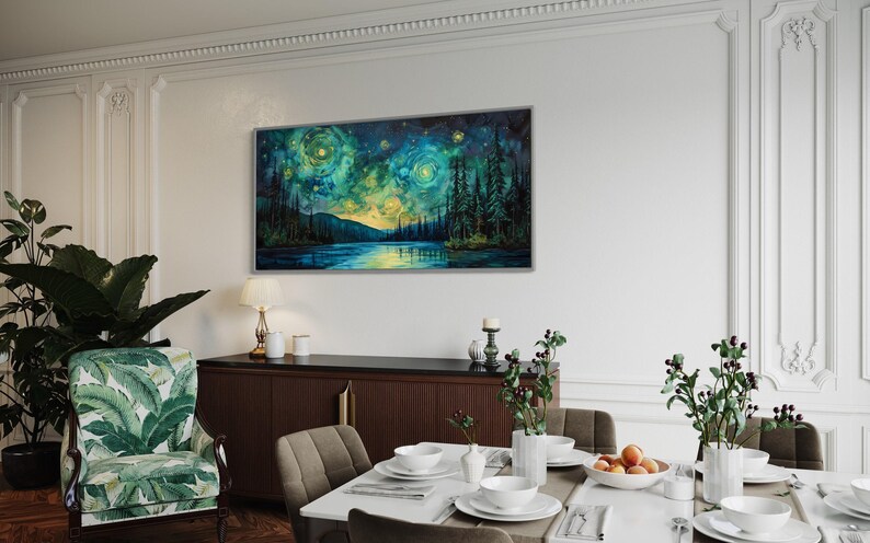 A breathtaking nightscape where swirls of luminescent green and yellow dance across the sky, mirroring on the tranquil lake below. Tall pines stand in silhouette against a Van Gogh-inspired celestial masterpiece.