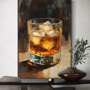 Golden Whiskey Glass Canvas – Elegant Bourbon Wall Art, Vintage Bar Decor, Sophisticated Lounge Print for Home or Office