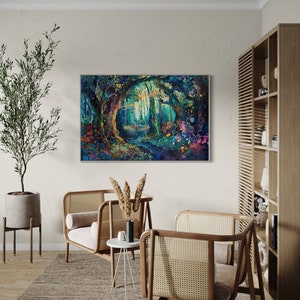 The enchanting woodland scene, ablaze with vibrant, whimsical colours, invites viewers into a magical forest where flora and fantasy intertwine.