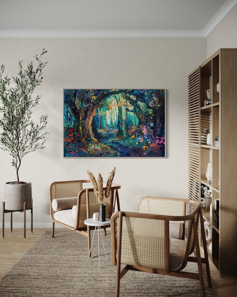 The enchanting woodland scene, ablaze with vibrant, whimsical colours, invites viewers into a magical forest where flora and fantasy intertwine.