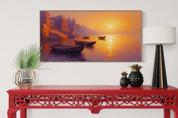 Golden Sunrise Over Ganges Canvas – Tranquil River Wall Art, Varanasi Boat Painting PRINT, Spiritual India Landscape Decor for Home