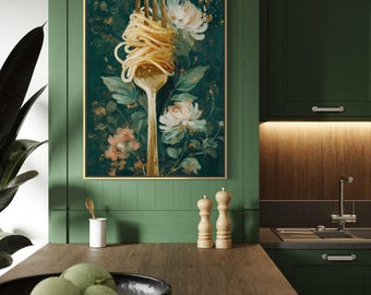 Golden Spaghetti Fork Art Print – Elegant Kitchen Wall Art, Italian Food Lover Gift, Vintage Floral Dining Room Decor