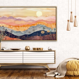 Serene rolling hills under a gentle sun, depicted in warm, soothing tones and stylized layers, evoke a sense of calm and whimsy in this pastoral landscape.