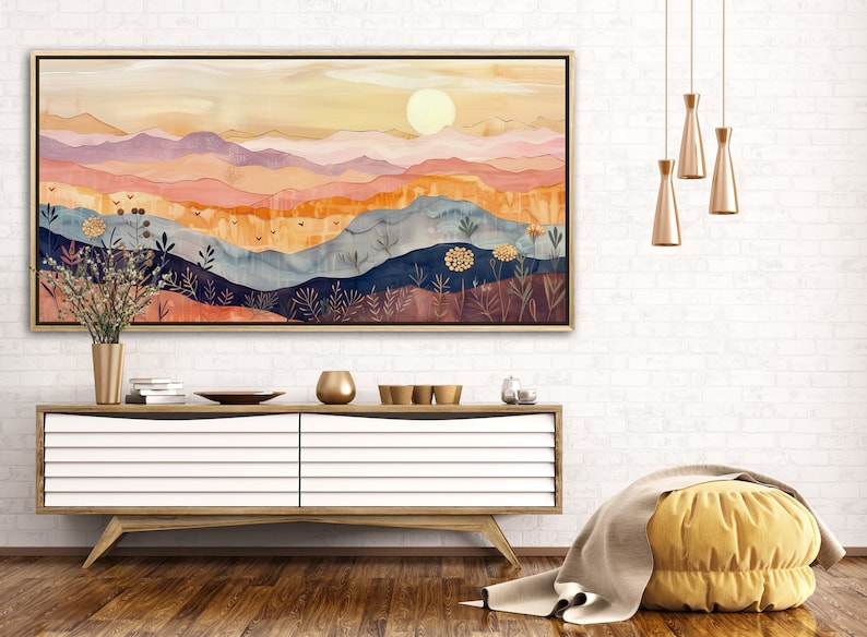 Serene rolling hills under a gentle sun, depicted in warm, soothing tones and stylized layers, evoke a sense of calm and whimsy in this pastoral landscape.