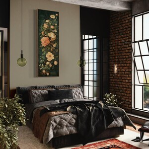 Adorn your space with this elegant vintage-style floral tapestry featuring soft, blooming roses and delicate leaves against a dark, textured background. A timeless addition to bring a touch of classic beauty to any room.