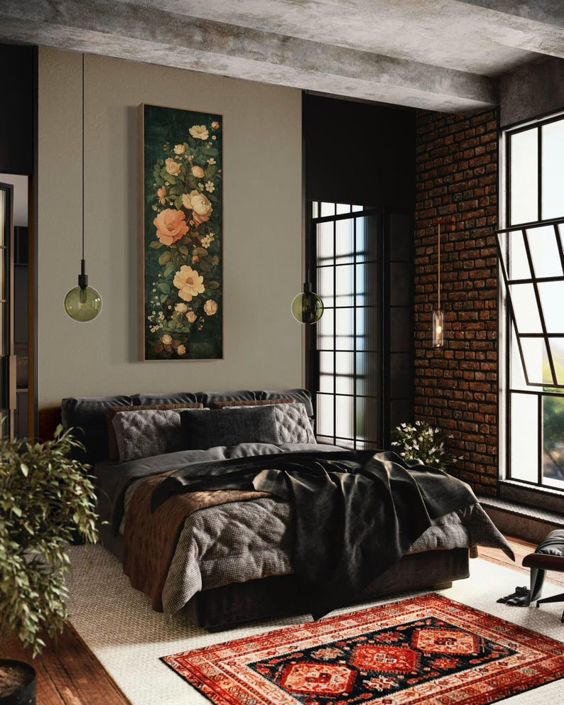 Adorn your space with this elegant vintage-style floral tapestry featuring soft, blooming roses and delicate leaves against a dark, textured background. A timeless addition to bring a touch of classic beauty to any room.