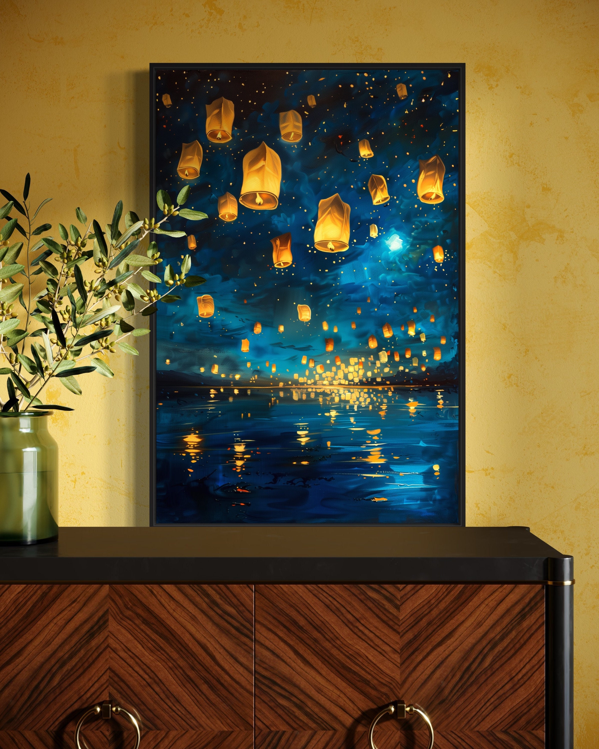 魔法の夜のランタン祭り - 星空と浮かぶランタンの絵画プリント、湖畔