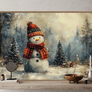 Snowman Christmas Canvas Wall Art - Cozy Winter Holiday Print, Festive Vintage Snowman Art for Home Decor or Above Bed Seasonal Accent