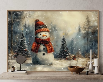 Schneemann Weihnachten Leinwand Wandkunst - Gemütlicher Winterurlaub Druck, festliche Vintage Schneemann Kunst für Wohnkultur oder über dem Bett saisonaler Akzent