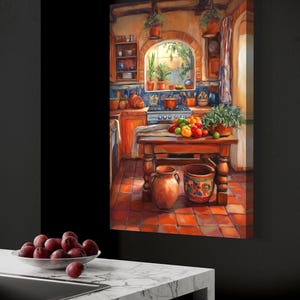This vibrant art print captures a cozy Mexican kitchen filled with warm terracotta tones, rustic wooden furniture, and colorful tiles. Fresh produce, hanging plants, and pottery create a welcoming, homely feel. A perfect piece for farmhouse.