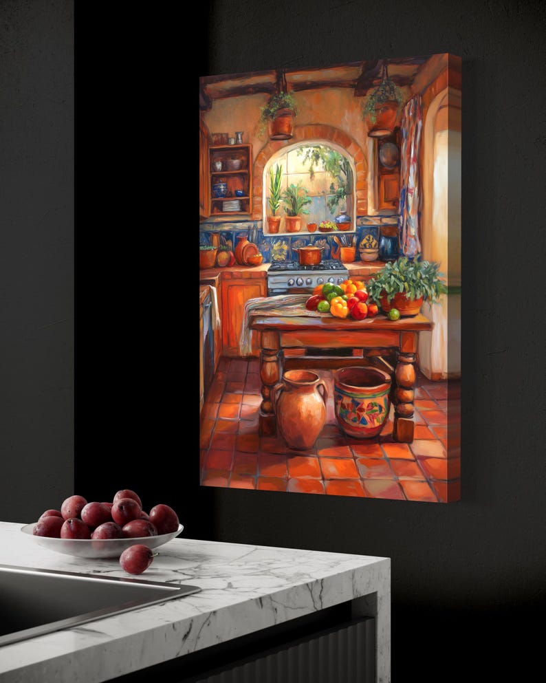 This vibrant art print captures a cozy Mexican kitchen filled with warm terracotta tones, rustic wooden furniture, and colorful tiles. Fresh produce, hanging plants, and pottery create a welcoming, homely feel. A perfect piece for farmhouse.