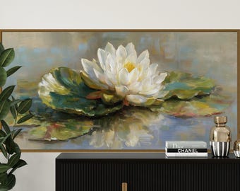 Water Lily Wall Art Print – White Lotus Flower Painting, Tranquil Pond Decor, Zen Floral Artwork, Impressionist Nature Print