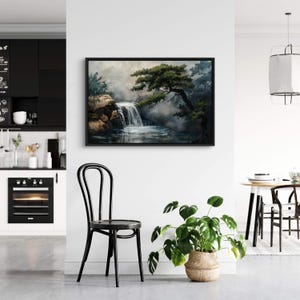 This canvas print beautifully portrays a serene Japanese garden with a cascading waterfall and majestic pine trees, encapsulating the essence of tranquility and the enduring beauty of nature. Perfect for creating a peaceful retreat in your space.