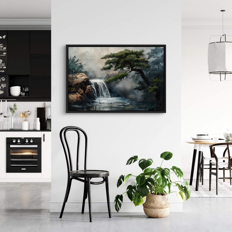 This canvas print beautifully portrays a serene Japanese garden with a cascading waterfall and majestic pine trees, encapsulating the essence of tranquility and the enduring beauty of nature. Perfect for creating a peaceful retreat in your space.