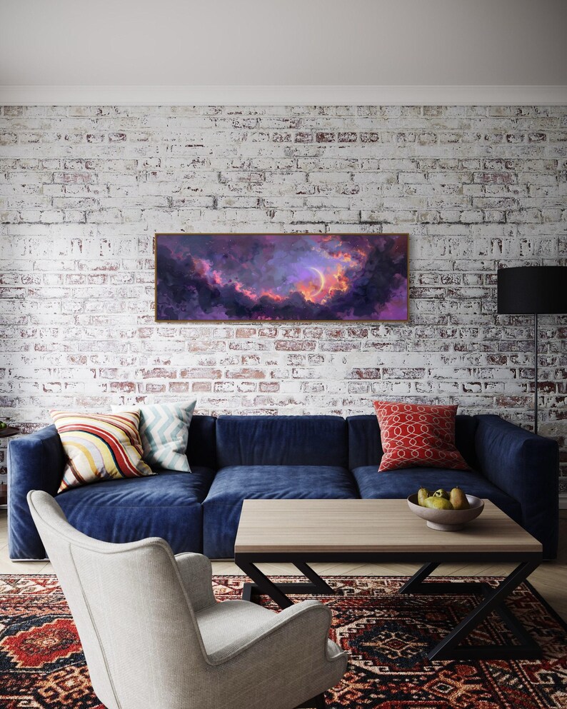 Dive into the ethereal beauty of a crescent moon cradled by vivid clouds in a surreal dreamscape. This stunning painting captures the enchanting dance of light and color, perfect for bringing a touch of wonder to any space.