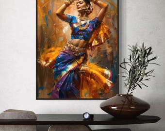 Elegante ritratto di danza indiana da appendere al muro - Stampa artistica vibrante ed espressiva per la camera da letto