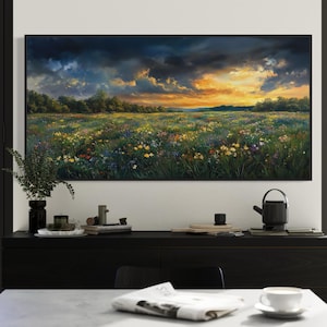 Wildflower Meadow Sunset Print – Dramatic Sky Field Landscape Wall Art, Nature Flower Canvas Print, Floral Country Sunset Decor