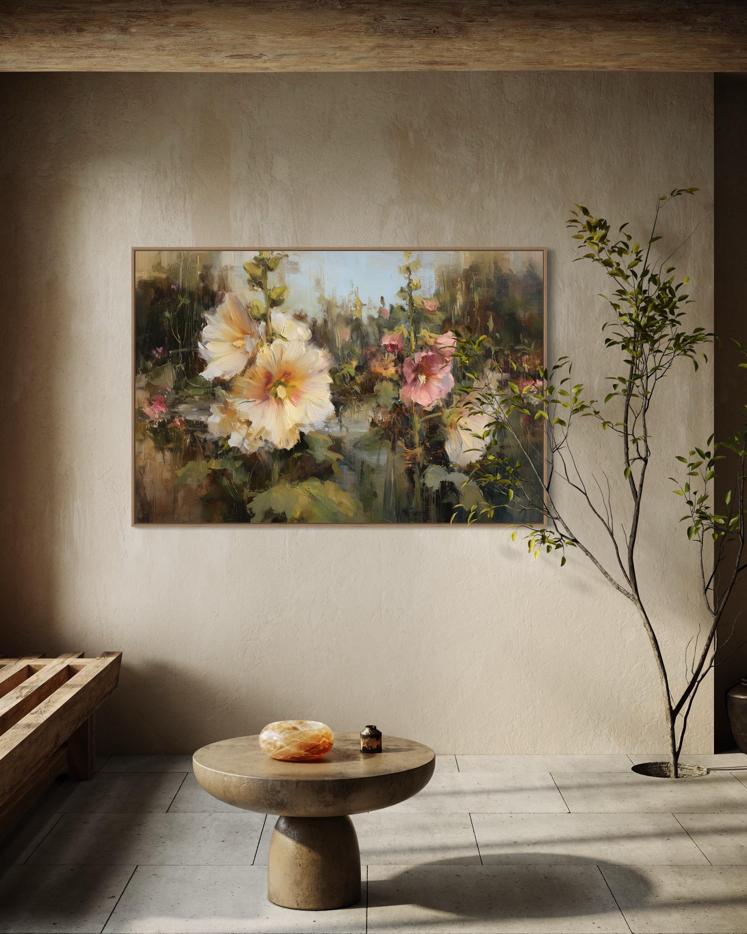 Romantic Hollyhocks Art Print – Impressionist Floral Wall Art