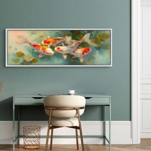 Vibrant koi fish art print featuring five colorful koi swimming among soft lily pads in a dreamy pond. This serene piece is a high-resolution canvas reproduction of an original painting, with no physical texture. Ideal for tranquil decor and Zen-inspired spaces.