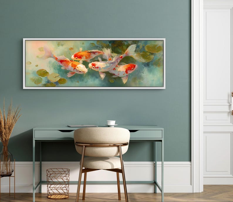 Vibrant koi fish art print featuring five colorful koi swimming among soft lily pads in a dreamy pond. This serene piece is a high-resolution canvas reproduction of an original painting, with no physical texture. Ideal for tranquil decor and Zen-inspired spaces.
