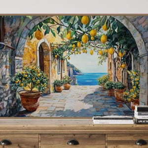 This vibrant artwork captures the charm of an Italian coastal village, featuring lemon trees hanging over a sunlit stone pathway. With a stunning view of the sea, this piece brings Mediterranean warmth and rustic beauty into your home.
