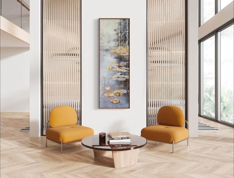 This serene painting features a tranquil pond with lily pads and birch trees. The soft, muted colors and delicate details create a peaceful, reflective scene, perfect for adding a touch of nature and calm to any space.
