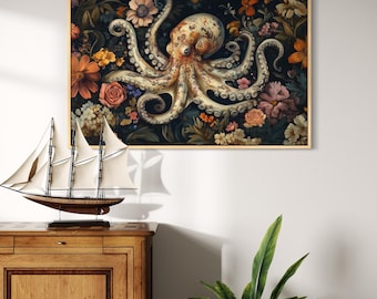 Lámina artística floral de pulpo - Arte mural botánico de criaturas marinas, decoración oceánica bohemia