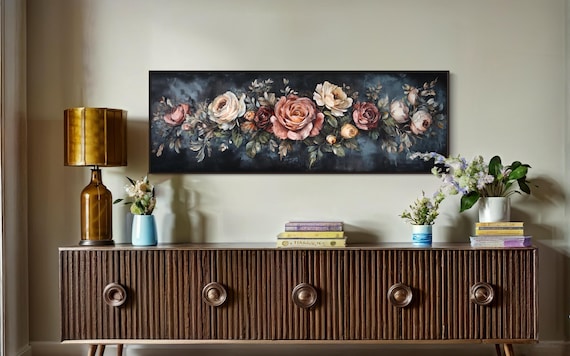 Victorian Floral Canvas Art - Moody Rose Painting PRINT, Perfect Long Narrow Wall Decor for Romantic Cottagecore or Elegant Vintage Spaces