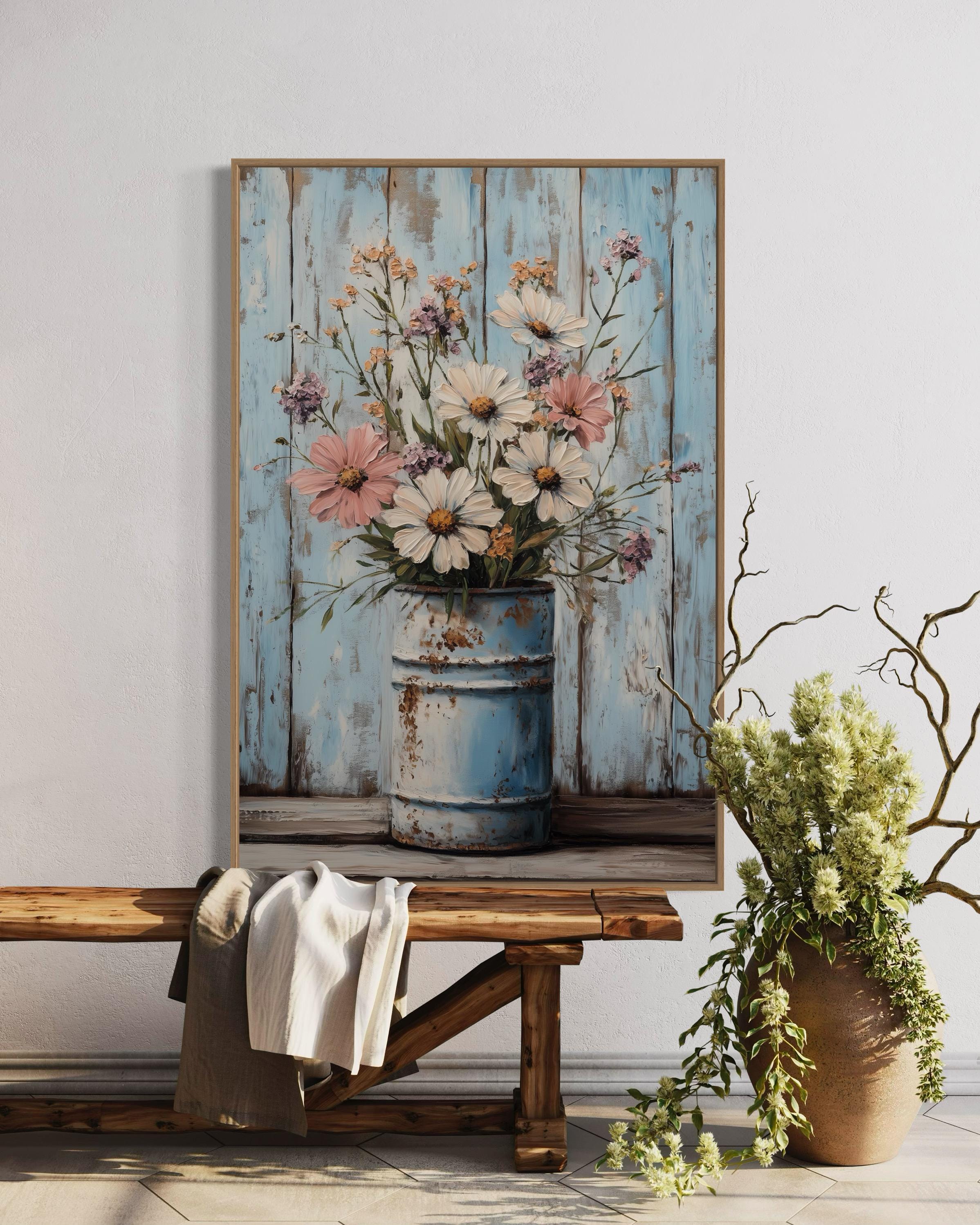 Rustic Wildflower Bouquet Wall Art – Farmhouse Floral Print on Canvas ...