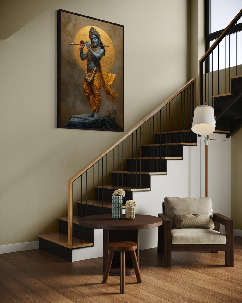 Immerse yourself in divine grace with this exquisite art piece of Lord Krishna playing the flute. The vibrant colors and intricate details make it a captivating addition to any spiritual or cultural space.