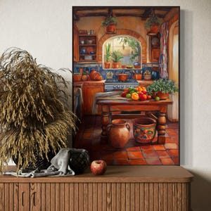 This vibrant art print captures a cozy Mexican kitchen filled with warm terracotta tones, rustic wooden furniture, and colorful tiles. Fresh produce, hanging plants, and pottery create a welcoming, homely feel. A perfect piece for farmhouse.