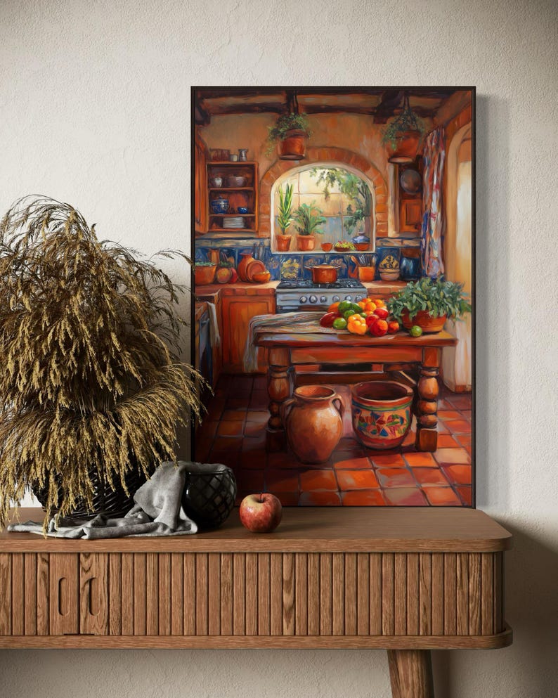 This vibrant art print captures a cozy Mexican kitchen filled with warm terracotta tones, rustic wooden furniture, and colorful tiles. Fresh produce, hanging plants, and pottery create a welcoming, homely feel. A perfect piece for farmhouse.