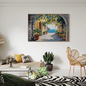This vibrant artwork captures the charm of an Italian coastal village, featuring lemon trees hanging over a sunlit stone pathway. With a stunning view of the sea, this piece brings Mediterranean warmth and rustic beauty into your home.